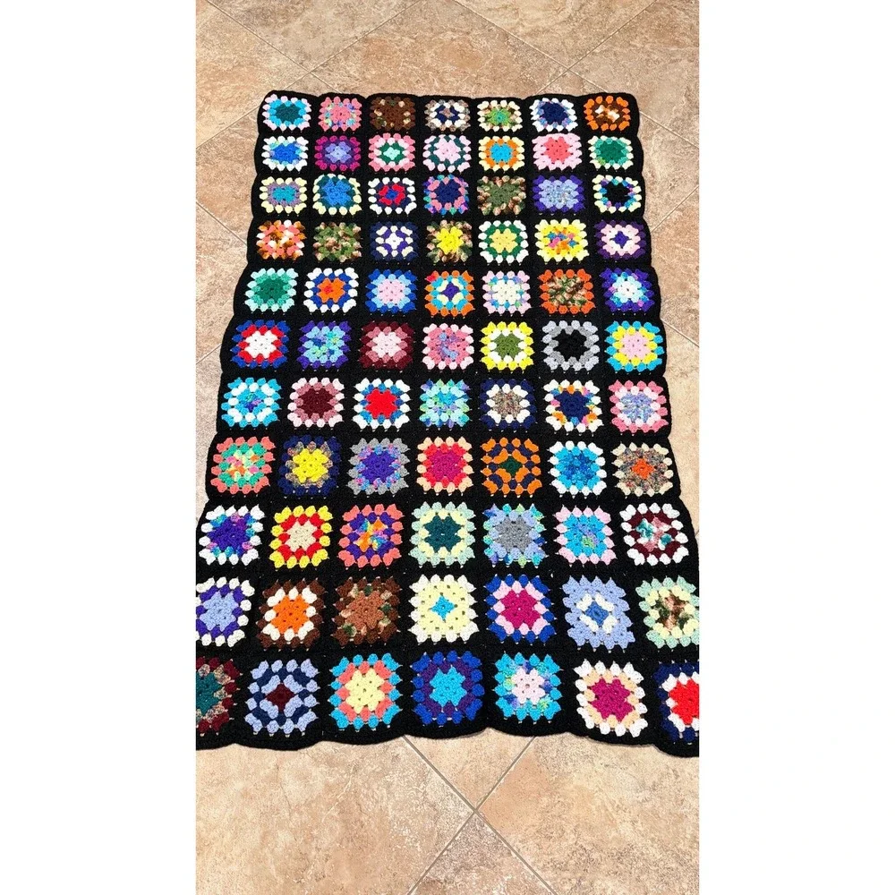 Handmade Crochet Granny Square Afghan Blanket Multicolor Vintage Boho‎ Throw